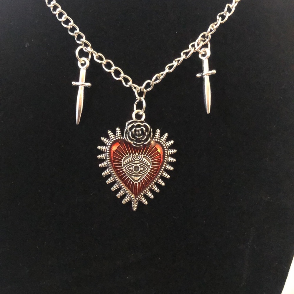 gothic silver-toned choker necklace red heart pendant Devil eye dagger charms. - Picture 9 of 9